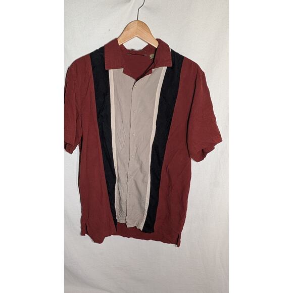 Axist Mens 100% Silk Bowling Shirt Sz Medium Red Striped Short Sleeve Collared - Picture 1 of 7